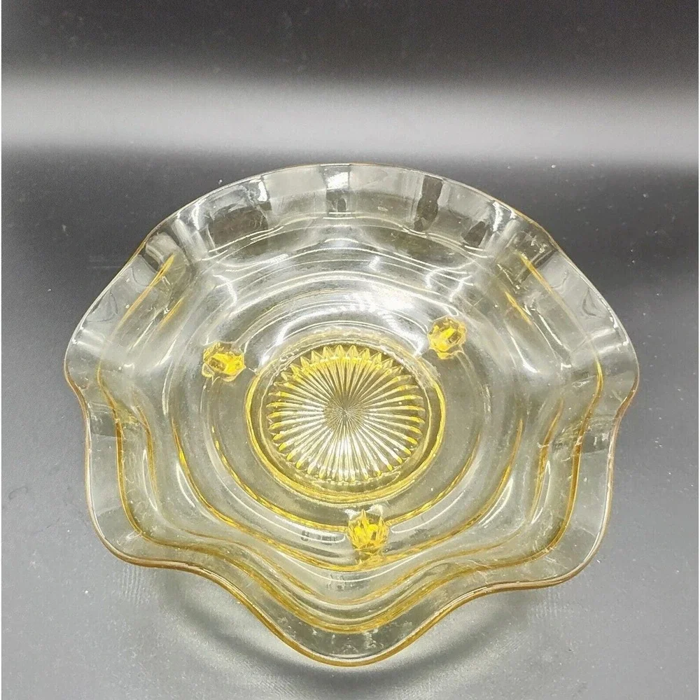 Lancaster Topaz Yellow 3 Toed ElegantCenterpiece, Fruit Bowl-Ruffle Ribbon Sides